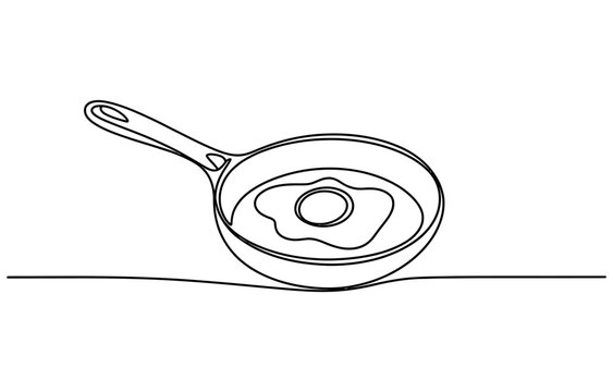 Continuous single line drawing of a frying pan with a fried egg inside Vector, illustration