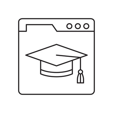Graduation cap on browser window e-learning vector line icon