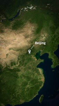 An earth globe zoom to Beijing, China, featuring a location pin, concentric circle highlight, and typography for a mobile app promo
