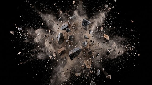 Chunks of stone, rock, and dust exploding violently outward against a black background.