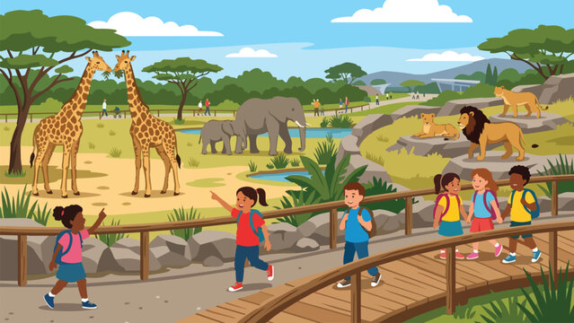 Engaging zoo field trip: Diverse children on a wooden bridge observation deck, eagerly pointing at and observing giraffes, elephants, and a lion pride in a spacious safari habitat.