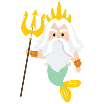 Cute cartoon merman king poseidon holding golden trident vector illustration