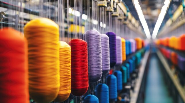 Colorful spools of thread hang in a textile factory.