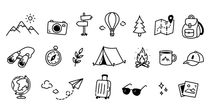 Travel Adventure Doodle Icons Set Hand Drawn Camping Tourism Outline Vector Collection