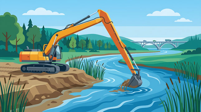 Yellow Hydraulic Excavator Dredging a Riverbed for Infrastructure and Water Management Project