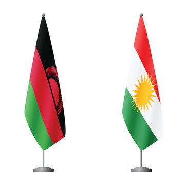 Malawi and Kurdistan flags on flagpoles for official ceremonies and meetings, transparent background vector