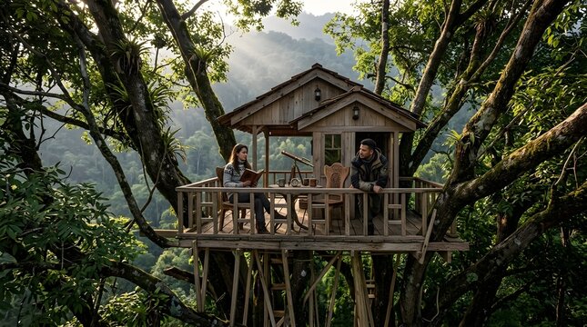 Pasangan Bersantai di Balkon Rumah Pohon Kayu di Tengah Hutan Tropis