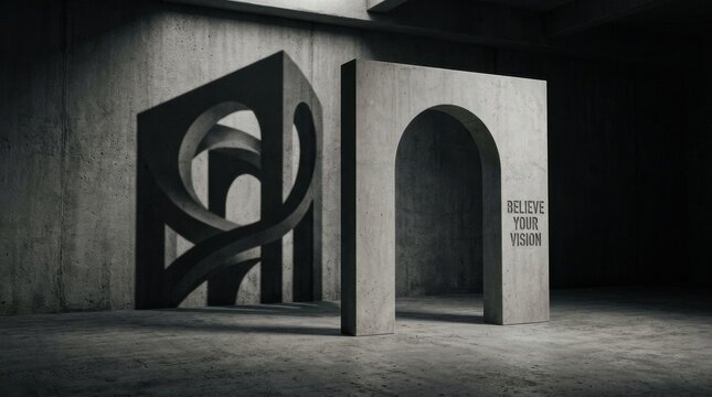 Minimalist concrete archway in a brutalist industrial hall casting a complex geometric shadow on a gray wall with the text Believe Your Vision engraved on the stone surface.