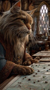 Maine coon cat dressed as a medieval strategist studying a map with small stones on a table