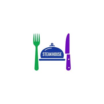 Minimalist restaurant logo featuring a green fork, blue food cloche with STEAKHOUSE text, and purple knife on a white background, ideal for dining and catering branding identity.