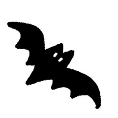 Minimalist hand drawn flying bat icon for Halloween, cute black silhouette doodle isolated on white background.