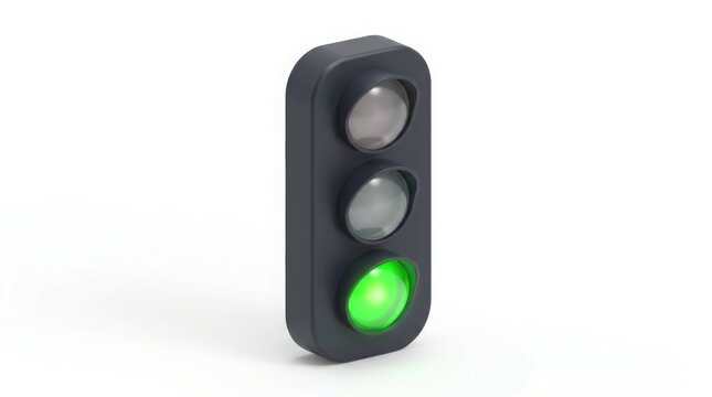 Traffic - Green Traffic Light Glowing on Dark Signal with Two Unlit Lights Isolated on White Background