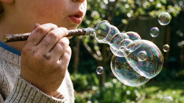 Close-up of Child's Hand Holding a Wand and Blowing Soap Bubbles