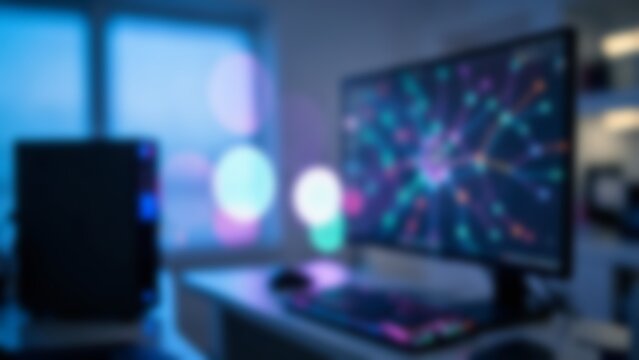 Futuristic bokeh computer workstation with neural network for tech
