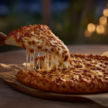 Close-up of a slice of freshly baked pizza with pulling mozzarella cheese, stretchy