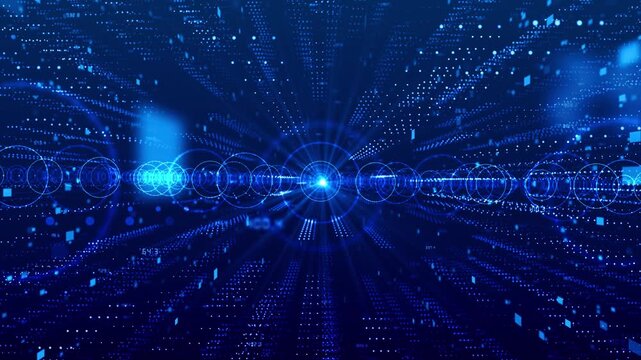 Futuristic data city tunnel visual with glowing blue dots, circular target rings, and deep technology perspective. Perfect for AI videos, smart city screens, network titles, and overlays.