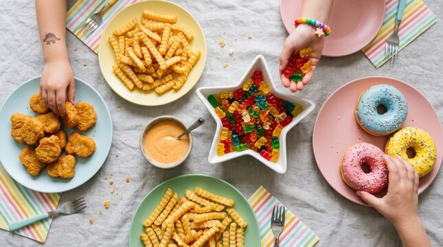 Top view of children eating junk food at a table