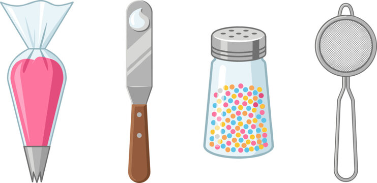 Baking and Cake Decorating Tools Vector Set Featuring Piping Bag with Pink Frosting Spatula Sprinkle Shaker Jar and Flour Sifter Strainer Graphics