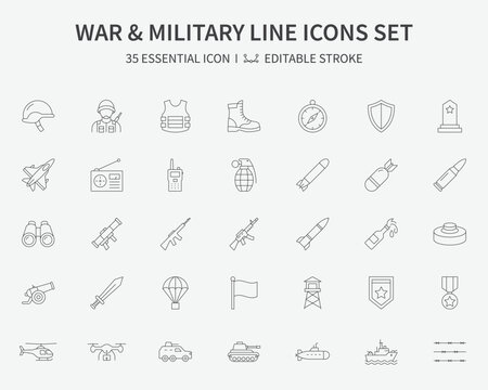 War and military line icons set editable stroke army equipment weapons defense outline vector collection

