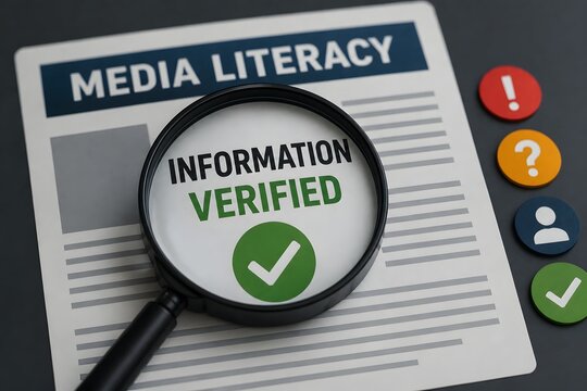Magnifying glass over a document labeled Media Literacy with Information Verified and a checkmark, illustrating the concept of fact-checking and critical thinking.