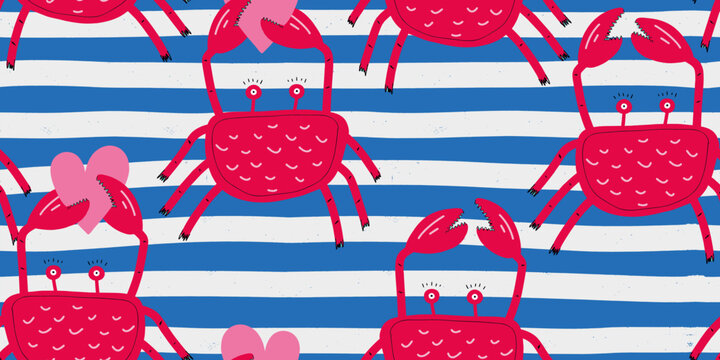 Red Crabs and Blue Stripes Cartoon Background