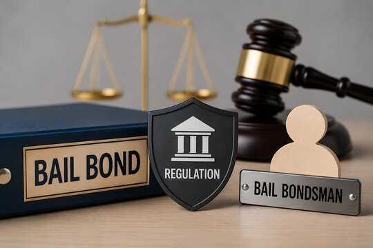 A bail bond folder, gavel, and scales of justice for the concept of legal proceedings and justice system.
