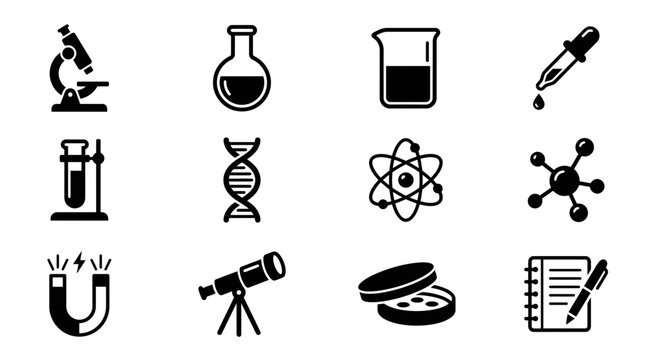 Science Icons Set: Microscope, DNA, Beaker, Pipette, Magnet, Telescope, Lab Equipment