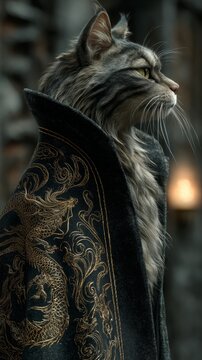 Majestic maine coon cat adorned in a dark, ornate robe with gold dragon embroidery, looking regal