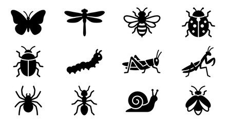 Insect Icons Collection: Butterfly, Dragonfly, Bee, Ladybug, Beetle, Caterpillar, Grasshopper, Mantis, Spider, Ant, Snail © jual