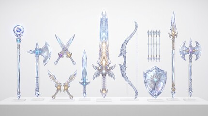 Obraz premium A collection of intricately designed fantasy weapons and armor, featuring glowing blue and white crystalline elements, neatly displayed against a pristine background.