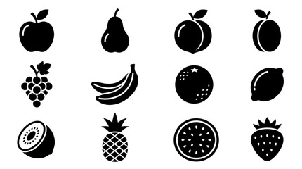 Set of 12 Fresh Fruit Icons, Silhouettes of Apple, Pear, Peach, Plum, Grapes, Bananas © mas