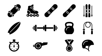 Sports Equipment Icons: Skateboard, Rollerblade, Snowboard, Skis, Surfboard, Dumbbell, Kettlebell, Jump Rope, Stopwatch, Whistle, Medal, Helmet © mas
