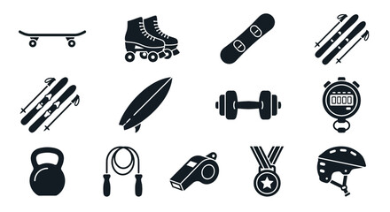 Sports Equipment Icons: Skateboard, Roller Skates, Snowboard, Skis, Surfboard, Dumbbell, Stopwatch, Kettlebell © mas