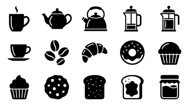 Morning Breakfast Icons: Coffee, Tea, Pastries, and Jams