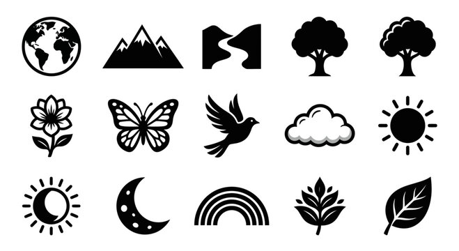 Nature Icons Set: Earth, Mountains, River, Trees, Flower, Butterfly, Bird, Cloud, Sun, Moon, Rainbow