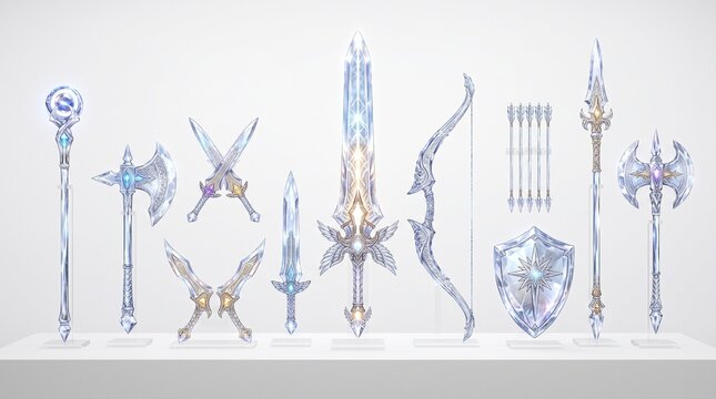 A collection of intricately designed fantasy weapons and armor, featuring glowing blue and white crystalline elements, neatly displayed against a pristine background.