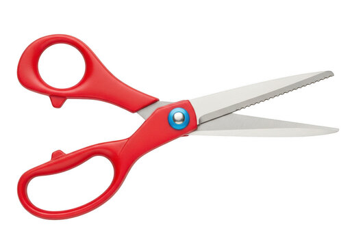 Red scissors cutting paper with sharp blades
