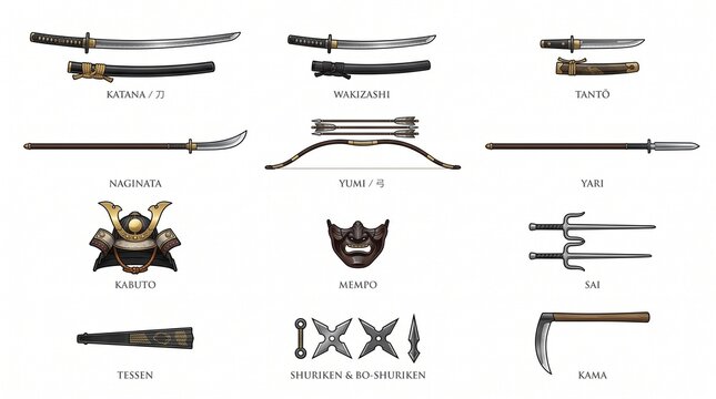 An illustrative collection showcasing various traditional Japanese weaponry and protective gear, including swords, polearms, bows, and samurai armor elements.