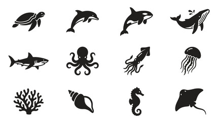 Marine Life Icons: Turtle, Dolphin, Shark, Whale, Octopus, Jellyfish, Seahorse, Ray © mas