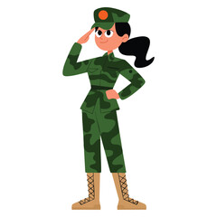 Fototapeta premium Female soldier standing and saluting semi flat color vector character with army personnel cartoon design