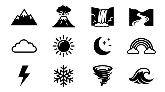 Nature Elements Icons: Mountain, Volcano, Waterfall, River, Sun, Moon, Rainbow, Cloud, Storm, Snow, Tornado, Wave
