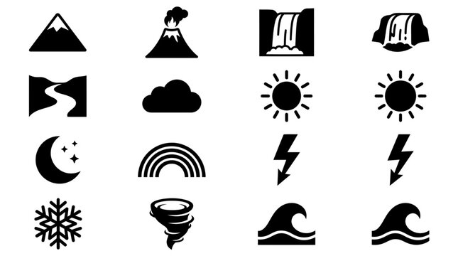 Nature Elements Icons: Mountain, Volcano, Waterfall, River, Cloud, Sun, Moon, Rainbow, Snow, Tornado, Wave, Lightning