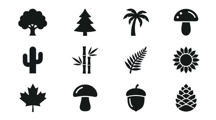 Collection of Nature Icons: Trees, Plants, Mushroom, Acorn, Pinecone, Sunflower © memen