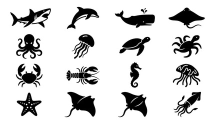 Ocean Life Icons: Shark, Dolphin, Whale, Octopus, Jellyfish, Turtle, Crab, Lobster, Seahorse, Starfish, Rays, Squid © memen
