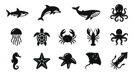 Ocean Life Icons: Shark, Dolphin, Whale, Octopus, Jellyfish, Turtle, Crab, Lobster, Seahorse, Starfish, Ray, Squid © memen