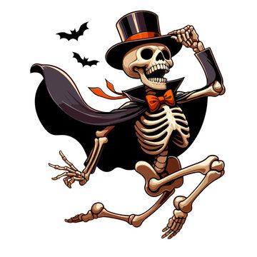 Funny Halloween Dancing Skeleton in Top Hat and Cape for Party Poster, T-Shirt Print, Greeting Card, and Spooky Holiday Design
