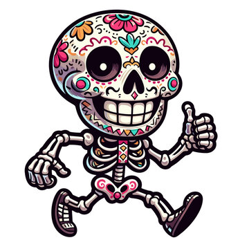 Cute Sugar Skull Skeleton Walking and Showing Thumbs Up for Dia de los Muertos Day of the Dead Festival, Kids Sticker, T-Shirt, and Mexican Fiesta Design