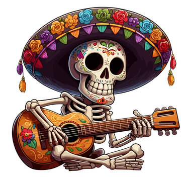 Sitting Dia de los Muertos Skeleton Playing Guitar and Wearing Sombrero with Flowers for Day of the Dead Musical Performance, Album Cover, Yoga Studio Decor, and Mexican Folk Art Print