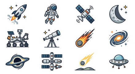 Space Exploration Icons: Rocket, Astronaut, Satellite, Moon, Rover, Telescope, Galaxy, UFO © Ojing