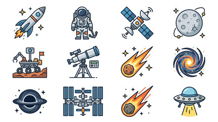 Cosmic Exploration Icons: Rocket, Astronaut, Satellite, Moon, Rover, Telescope, Galaxy, UFO © Ojing